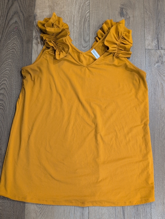 Zenana Signature Tops - Ruffle-Shoulder V-Neck Tank Top in Mustard